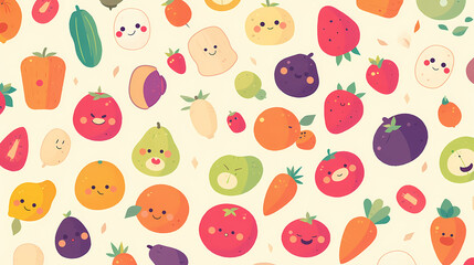 Colorful and playful illustration of various smiling fruits and vegetables on a light background