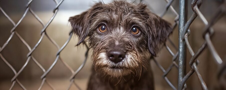A dark dog looking directly at the camera through a chain link fence