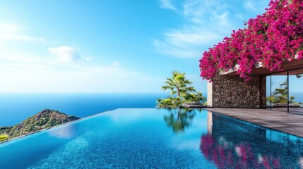 Cliffside infinity pool with bougainvillea