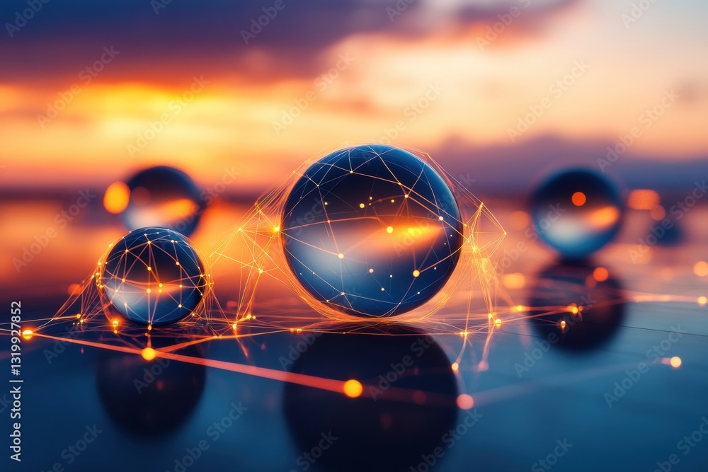 Poster multiple spheres symbolize diverse virtual worlds interconnected by glowing light beams in a cosmic 