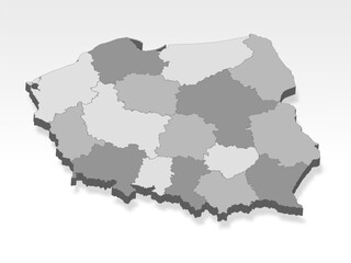 Fototapeta premium 3D Poland map with all states in gray. Three dimensional map of Poland Voivodeship with shadow. Flag of Poland on white background for your design, app, UI. EPS10. 