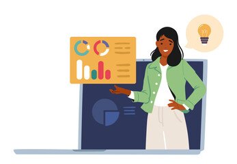Woman business coach cartoon character on laptop screen teaching remotely providing mentorship