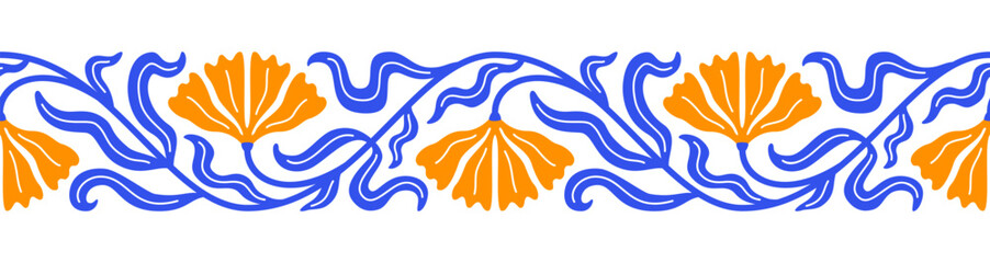 Orange blue floral pattern. Abstract simple colorful flower and leaf seamless border. Art Nouveau style designs. Naive drawing EPS 10 vector background collection.