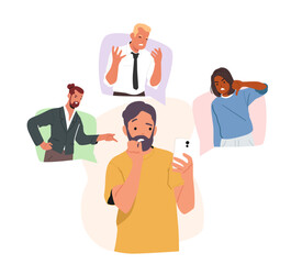 Scared man character with smartphone feeling frustrated and afraid of abusive attack of people