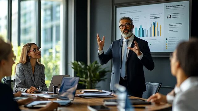 Energetic business leader presents data insights to attentive colleagues during meeting
