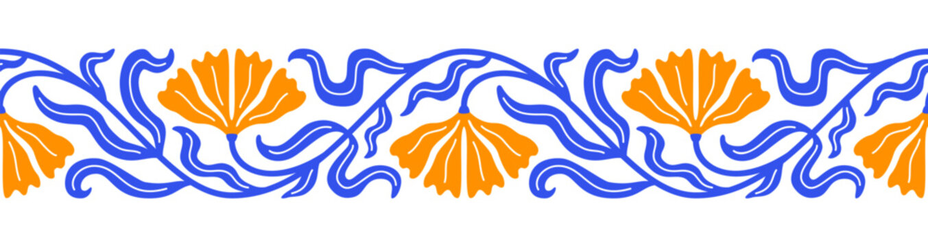 Orange blue floral pattern. Abstract simple colorful flower and leaf seamless border. Art Nouveau style designs. Naive drawing EPS 10 vector background collection.