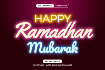 Happy Ramadan Mubarak Modern neon style editable text effect. Perfect for digital greeting cards, social media, and festive Islamic design projects