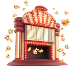 A vintage movie theater with a glowing marquee, showing classic films and filled with floating popcorn, isolated on white background.