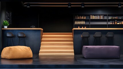 Modern interior design of a cozy caf? with wooden stairs and stylish seating, showcasing a minimalist aesthetic