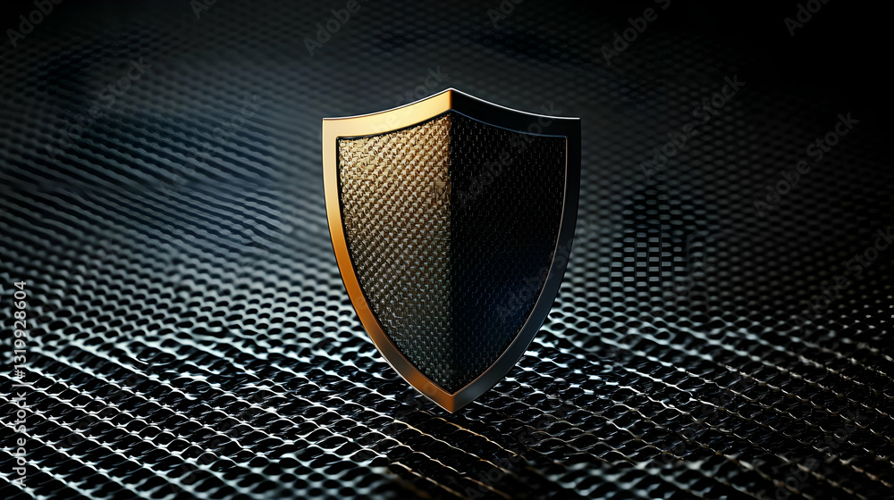 Poster 3d metallic gold and black shield on textured dark background symbolizing security and protection in