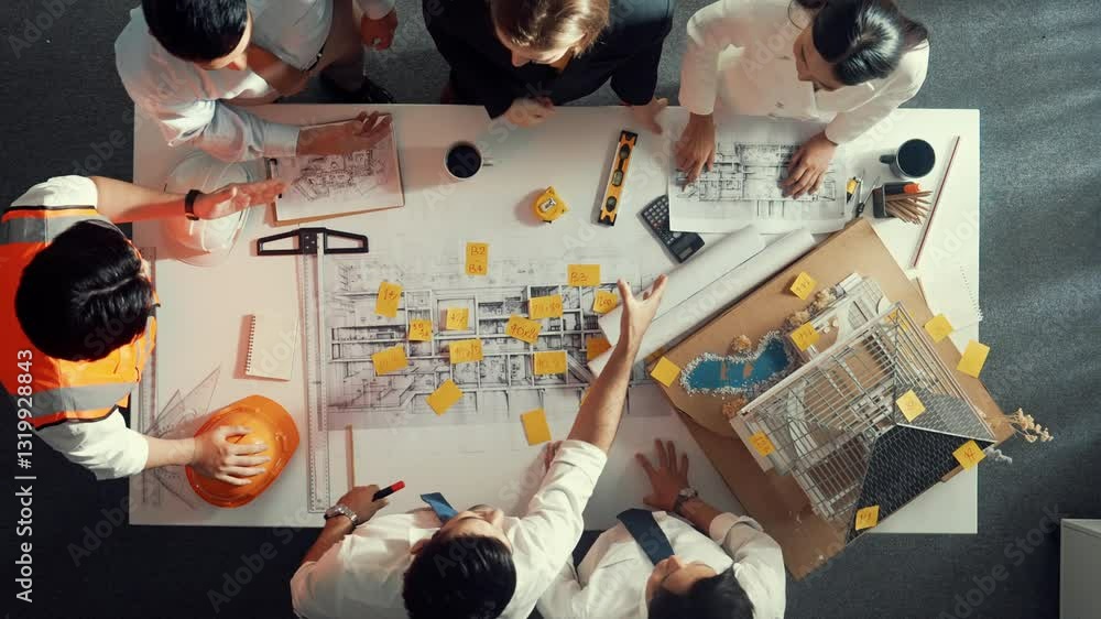 Poster top down view of skilled engineer team talking while looking at project plan. aerial view of group o