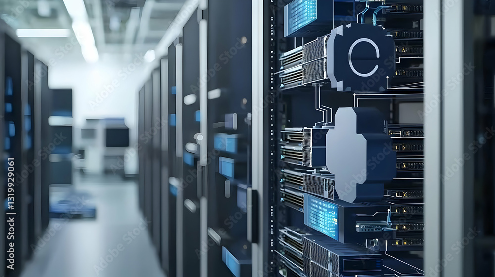 Poster server room interior with rows of racks filled with computer servers and blue lights creating a tech