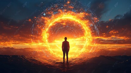Man Contemplates Fiery Portal Sunset.