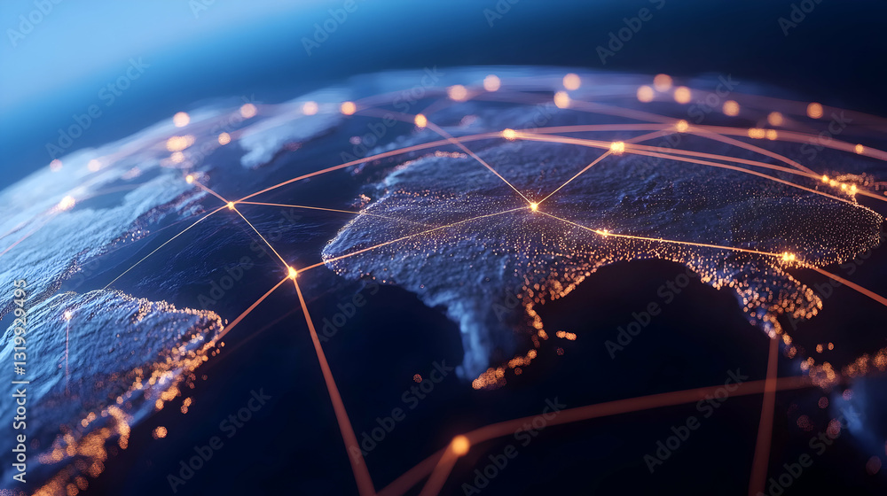 Poster a stunning close-up of a digital globe, highlighting connectivity through glowing lines and nodes