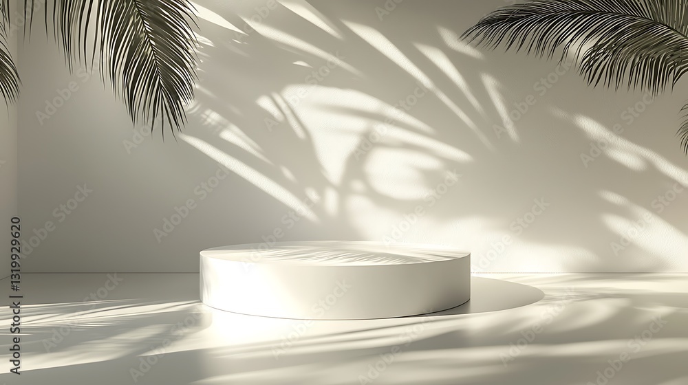 Poster minimalist white product display platform with palm shadows