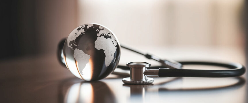 Glass globe with etched world map beside stethoscope on dark surface, representing global healthcare or international medicine, symbolic of worldwide health initiatives