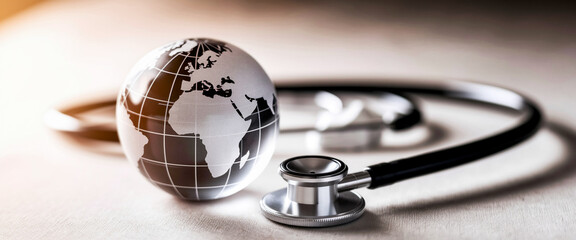 Miniature globe and stethoscope on a surface, representing global health and healthcare accessibility