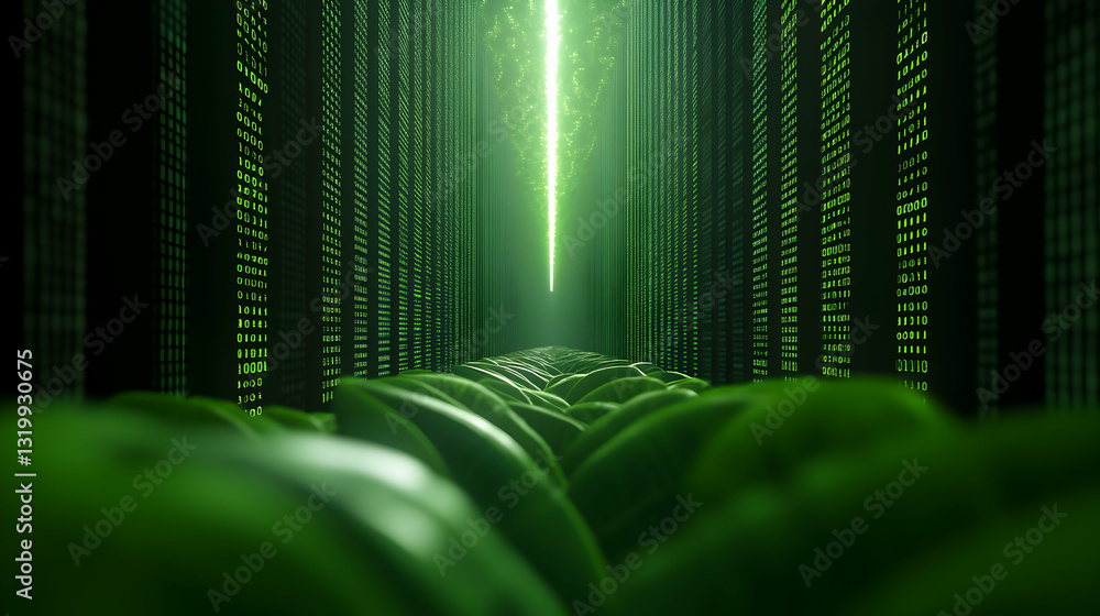 Poster a futuristic digital landscape featuring glowing green elements, simulating a network of data connec
