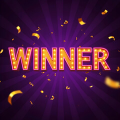 Casino jackpot concept with a bright "WINNER" marquee surrounded by neon radiance.