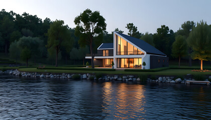 Obraz premium 3d rendering of modern house by the river at evening , with white tonespng
