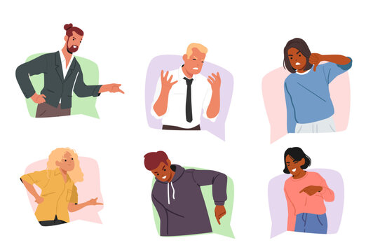 Diverse people inside communication speech bubble frame showcasing abusive negative reaction