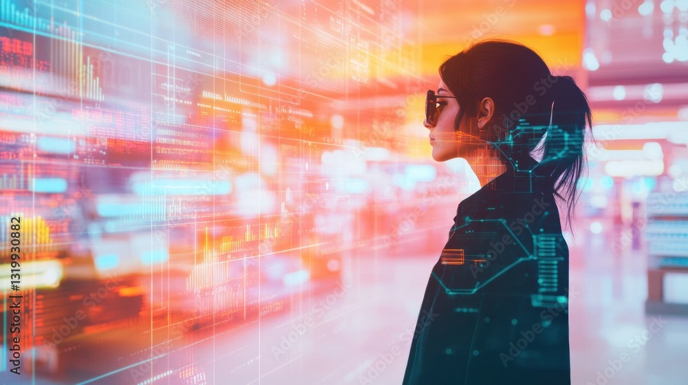 Aufkleber digital marketplace featuring virtual shops and avatars browsing products in a futuristic setting