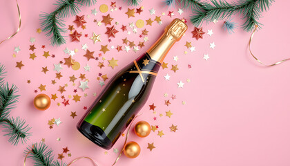 Champagne bottle with christmas decoration from confetti stars, golden balls and party streamers on pink background. Flat lay style.  , with white tonespng
