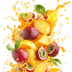 Mango Papaya and Passion Fruit Scattering With Orange Juice Splash Isolated on Transparent Background