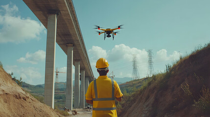 Construction Worker Controls Drone Inspecting Concrete Bridge Structure in Sunny Weather on Construction Site Wearing Yellow Helmet and Shirt with Blue Sky