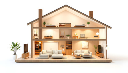 Cozy house interior with furniture, cross section model 3d rendering with large living space, upper floor with bedroom and room to personalize , with white tonespng