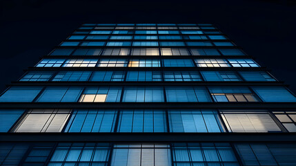 Fototapeta premium Modern Office Building at Night Low Angle View of Illuminated Glass Facade Urban Architecture Photography
