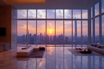 Naklejka na ściany i meble Luxury Penthouse Interior with Stunning City Sunset View