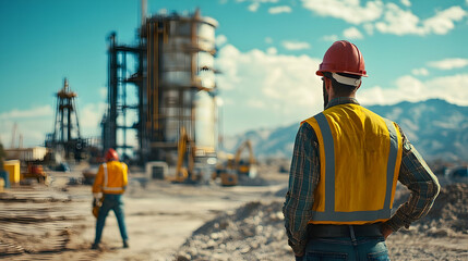 Fototapeta premium Construction Worker in Yellow Vest and Red Hardhat Overlooking Distant Industrial Site Under Bright Sky with Mountain Backdrop