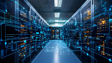 Fototapeta premium A Futuristic Data Center With Glowing Blue And Orange Network Connections Highlighting The Complex Interconnected Systems Powering Modern Technology