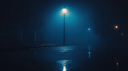 Foggy Night Street Lamp, Wet Road