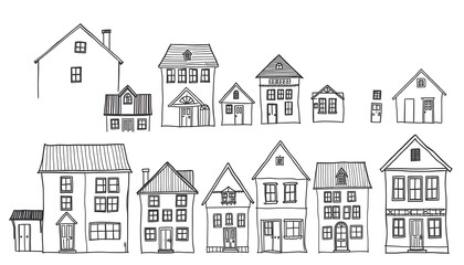 Buildings and houses doodle set. Collection of hand drawn various facades of building houses for family accommodation isolated on transparent background , with white tonespng