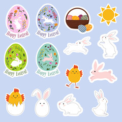 Easter stickers. Spring set. Rabbits and chick. Basket with Easter eggs. Easter eggs with decorative pattern. Vector illustration