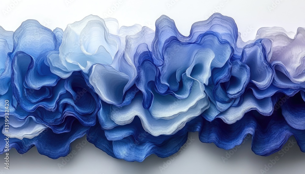 Poster Abstract blue wave-like layered paper texture. Ideal for backgrounds, design projects, or artistic concepts emphasizing fluidity and depth.