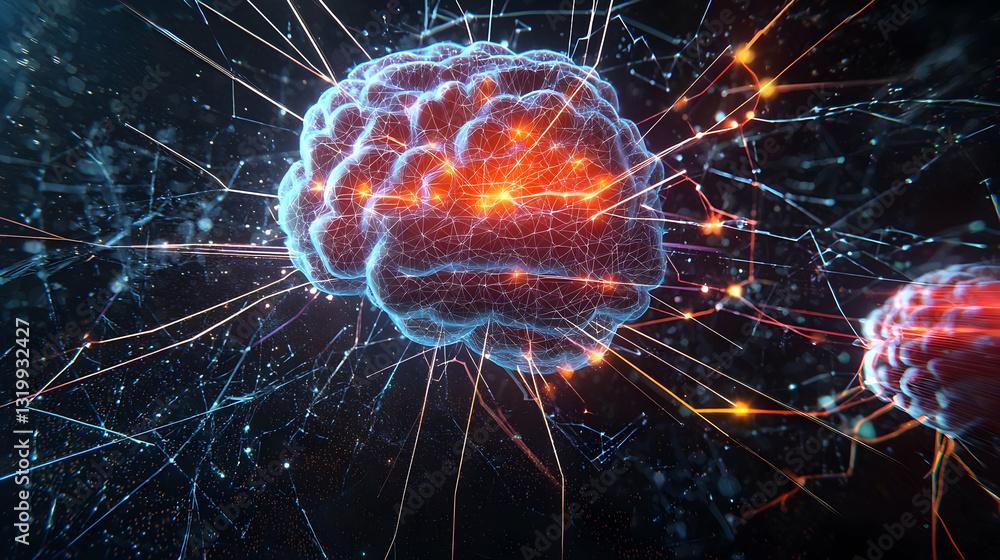 Poster digital render of a glowing brain with network connections on dark background representing artificia