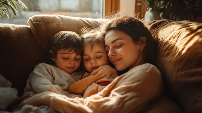 Mother and children napping on cozy couch