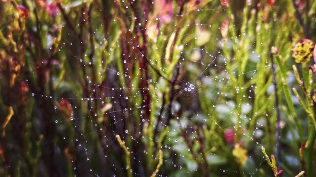 Beautiful Spider Web Sways on Wind.Forest The Wilderness. Beautiful Pattern. Natural Wonders.
