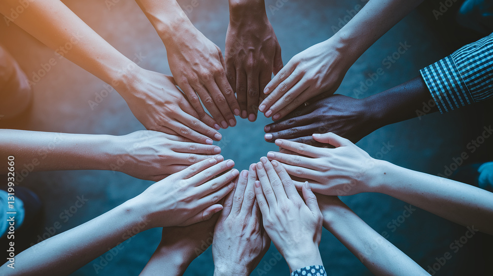 Poster diverse hands forming a circle, symbolizing unity, teamwork, and collaboration. a powerful image rep
