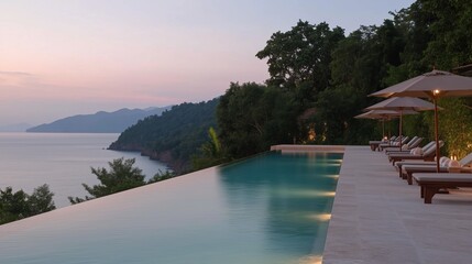 Obraz premium Infinite Pool Paradise: A stunning infinity pool merges seamlessly with the tranquil ocean, surrounded by lush greenery, sun loungers, and umbrellas.