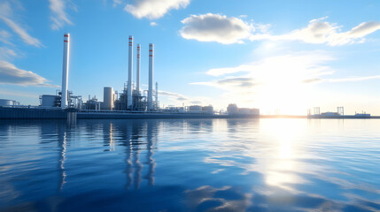 A modern industrial facility situated by a serene water body under a clear blue sky