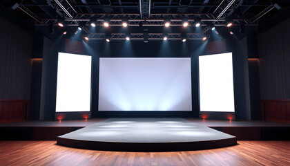 Empty stage Design  for mockup and Corporate identity,Display.Platform elements in hall.Blank screen system for Graphic Resources.Scene event led night light staging,3D render isolated with white hi