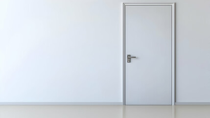 Closed White Door in Minimalist White Room With Handle and Frame Interior Design Element