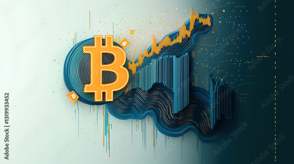 Poster bitcoin symbol with rising graph and abstract waves representing growth