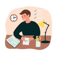 A schoolboy studying material in a textbook. Cartoon illustration with a boy  sitting at table with book, desk lamp and stationery. Background with clock and check table. Vector design in flat color.