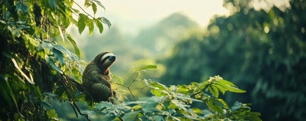A slow sloth hangs peacefully among verdant leafy branches in the jungle