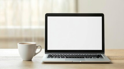 Fototapeta premium Laptop computer on a wooden table with coffee cup